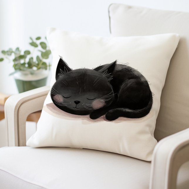 Cute Black Cat Sleeping Pillow, Cozy Cat Throw Pillow (Creator Uploaded)