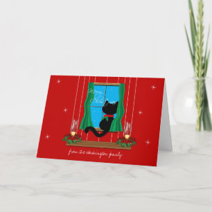 Cute Black Cat Snowy Window Merry Christmas Card