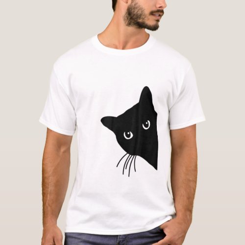 Cute Black Cat Spy Peeking Around The Corner Kitte T_Shirt