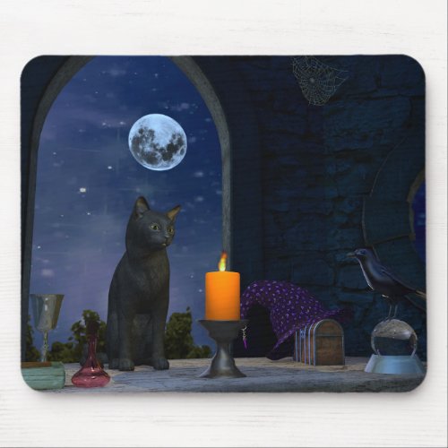 Cute Black Cat Staring at a Candle Mouse Pad