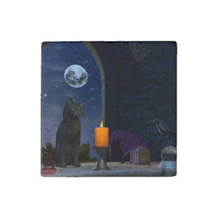 Cute Black Cat Staring at a Candle Stone Magnet