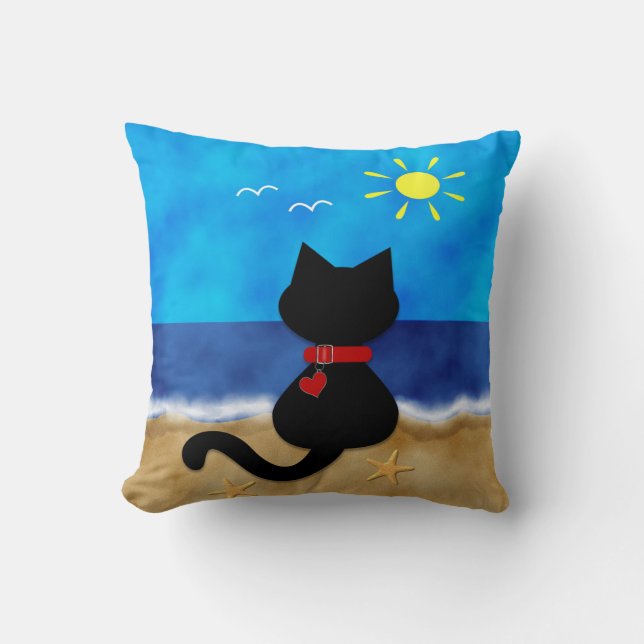 Cute Black Cat Summer Ocean Beach Theme Pillow (Front)