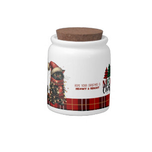 Cute Black Cat Tangled in Christmas Lights  Candy Jar