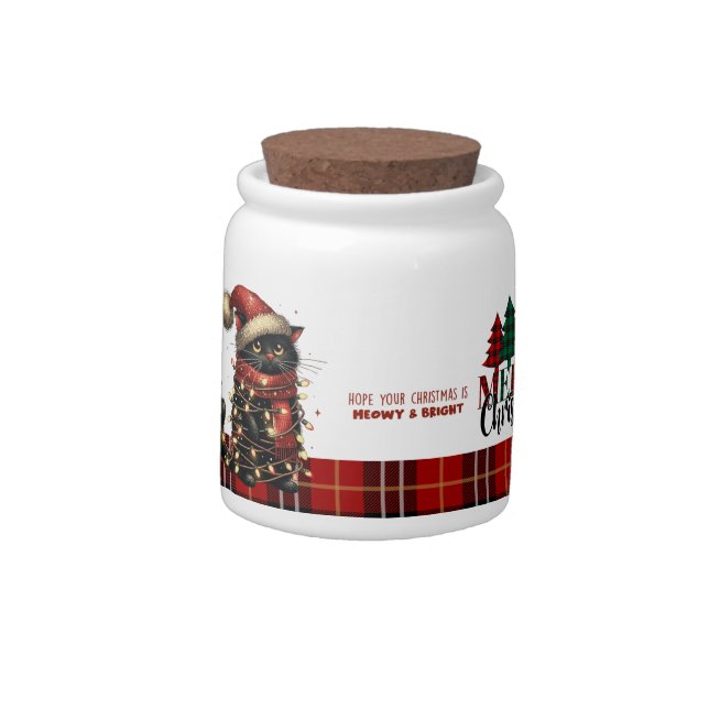 Cute Black Cat Tangled in Christmas Lights  Candy Jar (Left)