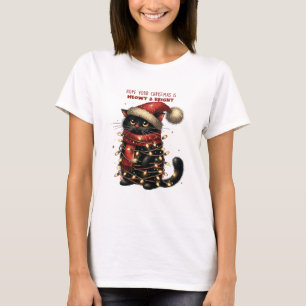 Cute Black Cat Tangled in Christmas Lights  T-Shirt