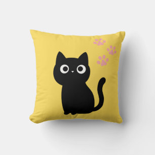Cute Black Cat Throw Pillow Kawaii Yellow Decora