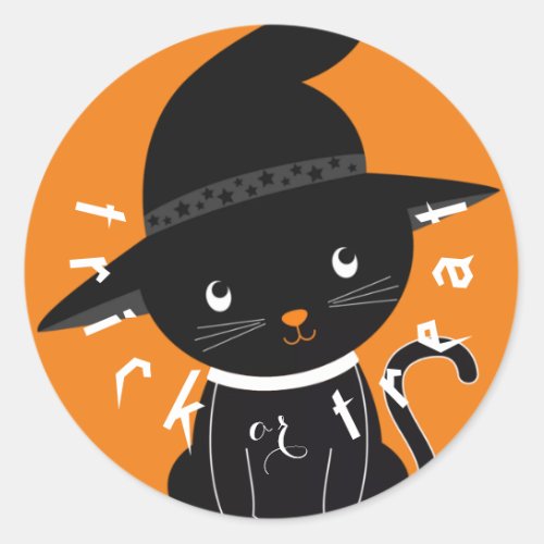 Cute Black Cat Trick or Treat Halloween Classic Round Sticker