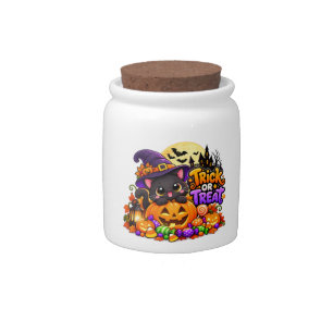 Cute Black Cat Trick or Treat Halloween Spooky Sti Candy Jar