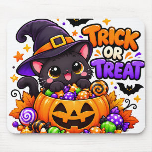 Cute Black Cat Trick or Treat Halloween Sticker Mouse Pad