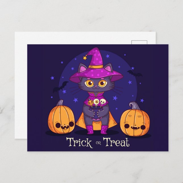 Cute Black Cat Trick or Treat Postcard (Front/Back)
