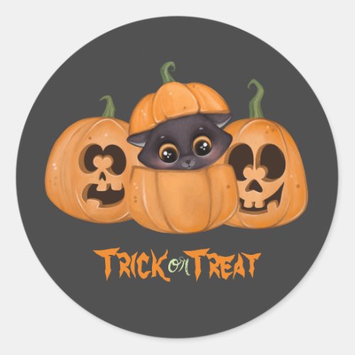 Cute black cat Trick or treat pumpkins Halloween Classic Round Sticker