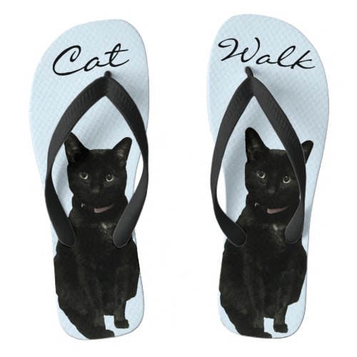Cute Black Cat Walk Pastel Blue Custom Flip Flops