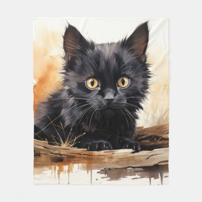 Cute Black Cat Watercolor Art Fleece Blanket (Front)
