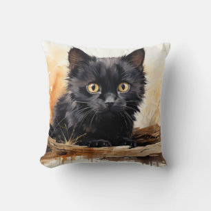 Cute Black Cat Watercolor Art Throw Pillow