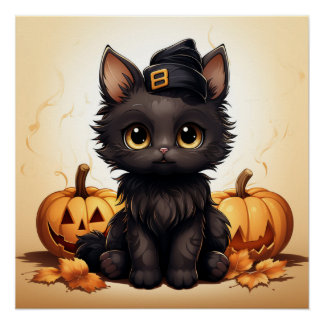 Cute Black Cat wearing a black hat with Pumpkins Poster