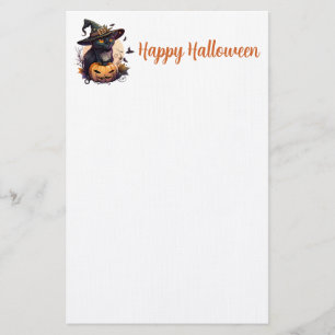 Cute Black Cat wearing a Witches Hat with Pumpkin Stationery