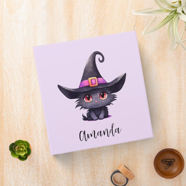  Cute Black Cat Wearing a Witch's Hat 3 Ring Binder (In Situ)