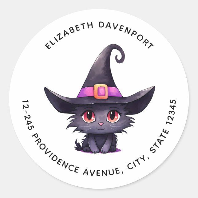Cute Black Cat Wearing a Witch's Hat Address Classic Round Sticker (Front)