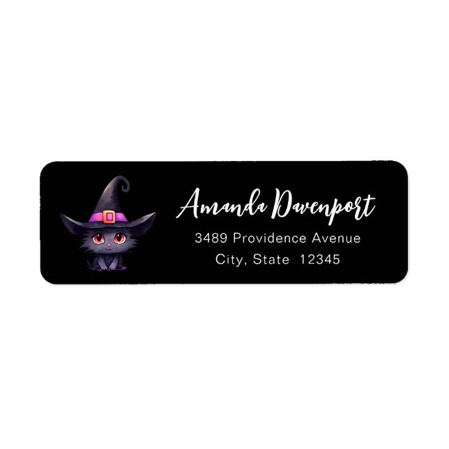 Cute Black Cat Wearing a Witch's Hat Address Label (Front)