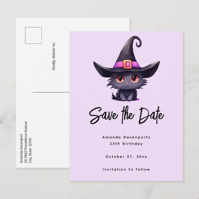 Cute Black Cat Wearing a Witch's Hat Announcement Postcard (Front/Back)
