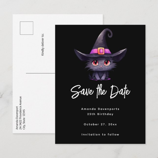 Cute Black Cat Wearing a Witch's Hat Announcement Postcard (Front/Back)