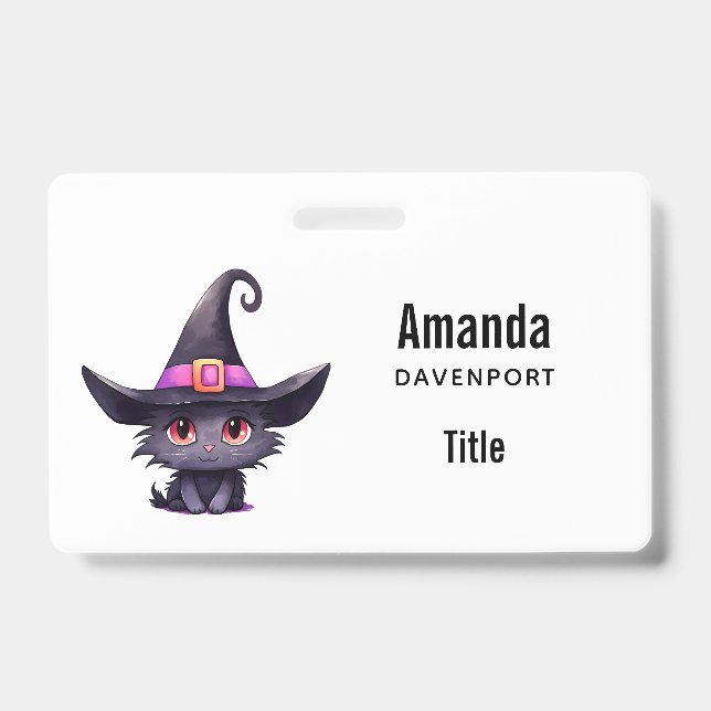 Cute Black Cat Wearing a Witch's Hat Badge (Front)