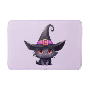 Cute Black Cat Wearing a Witch's Hat Bath Mat