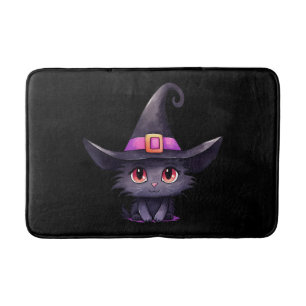 Cute Black Cat Wearing a Witch's Hat Bath Mat