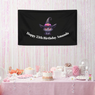 Cute Black Cat Wearing a Witch's Hat Birthday Banner