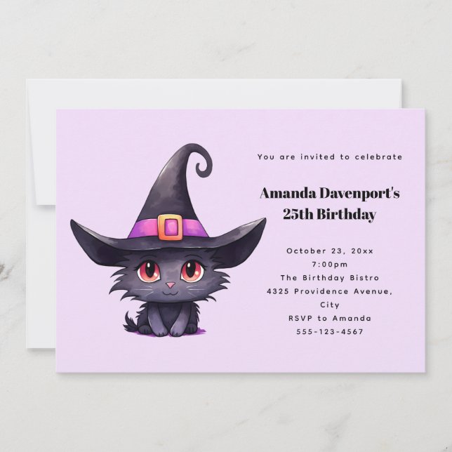 Cute Black Cat Wearing a Witch's Hat Birthday Invitation (Front)