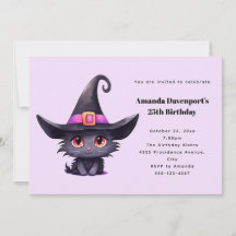 Cute Black Cat Wearing a Witch's Hat Birthday