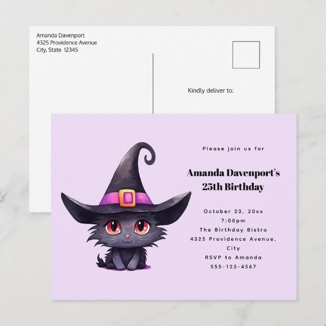 Cute Black Cat Wearing a Witch's Hat Birthday Invitation Postcard (Front/Back)