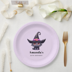 Cute Black Cat Wearing a Witch's Hat Birthday Paper Plates