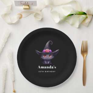 Cute Black Cat Wearing a Witch's Hat Birthday Paper Plates