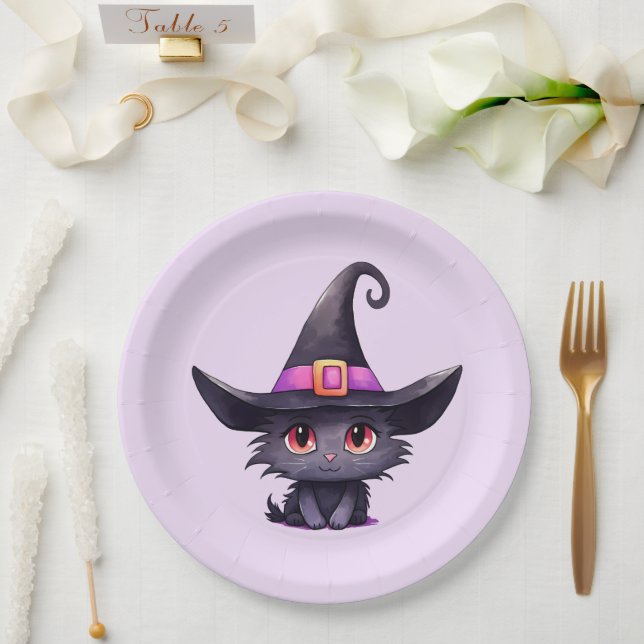 Cute Black Cat Wearing a Witch's Hat Birthday Paper Plates (Wedding)