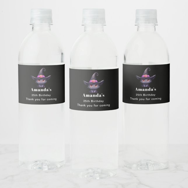 Cute Black Cat Wearing a Witch's Hat - Birthday Water Bottle Label (Bottles)