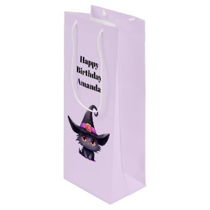 Cute Black Cat Wearing a Witch's Hat Birthday Wine Gift Bag