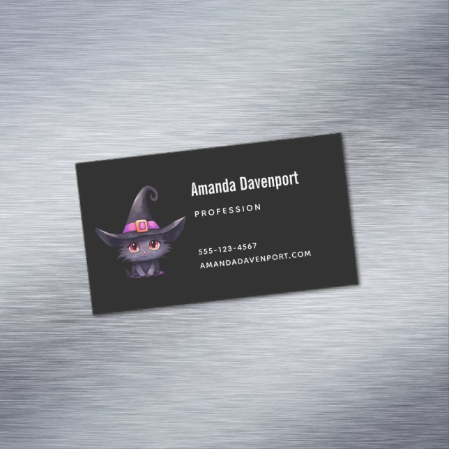 Cute Black Cat Wearing a Witch's Hat Business Card Magnet (In Situ)