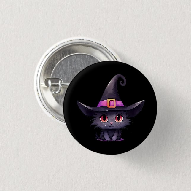 Cute Black Cat Wearing a Witch's Hat Button (Front & Back)