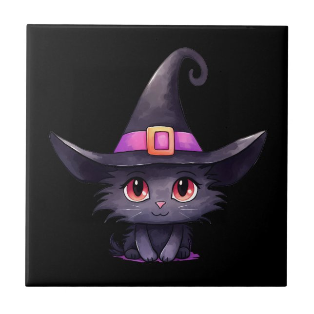 Cute Black Cat Wearing a Witch's Hat Ceramic Tile (Front)