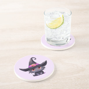 Cute Black Cat Wearing a Witch's Hat Coaster