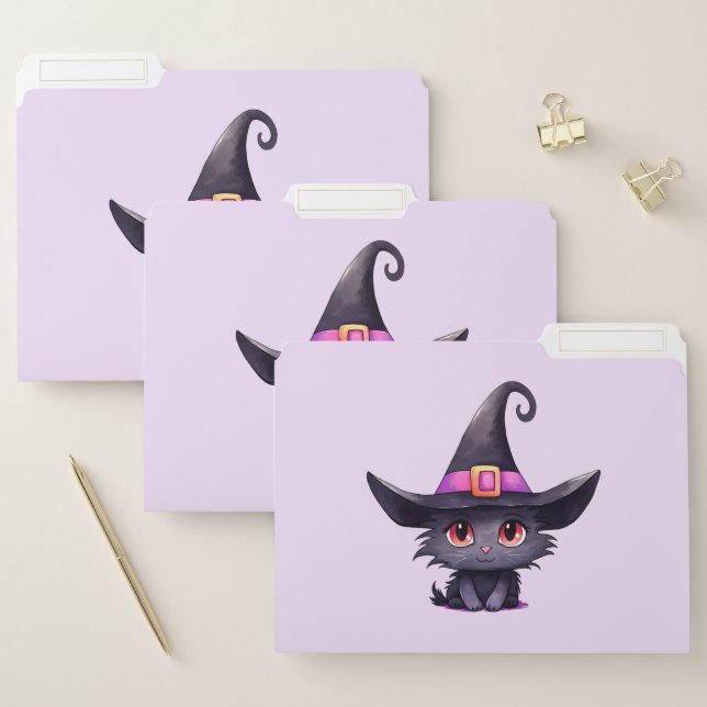 Cute Black Cat Wearing a Witch's Hat File Folder (Set)