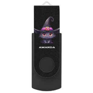 Cute Black Cat Wearing a Witch's Hat Flash Drive