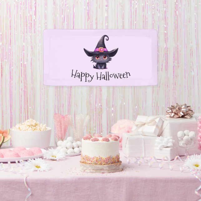Cute Black Cat Wearing a Witch's Hat Halloween Banner (Party)