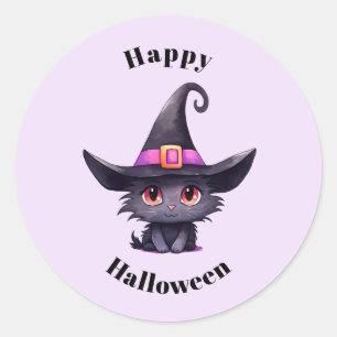 Cute Black Cat Wearing a Witch's Hat Halloween Classic Round Sticker