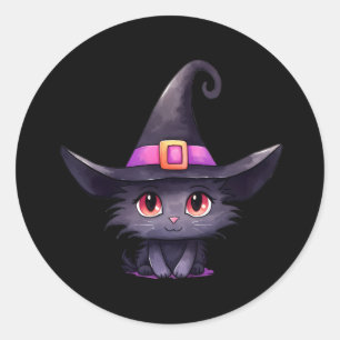 Cute Black Cat Wearing a Witch's Hat Halloween Classic Round Sticker