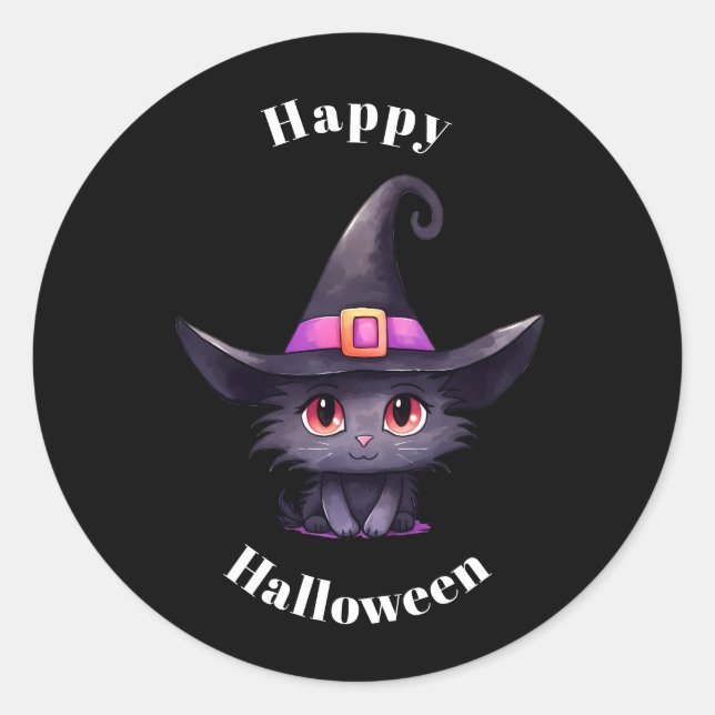 Cute Black Cat Wearing a Witch's Hat Halloween Classic Round Sticker (Front)