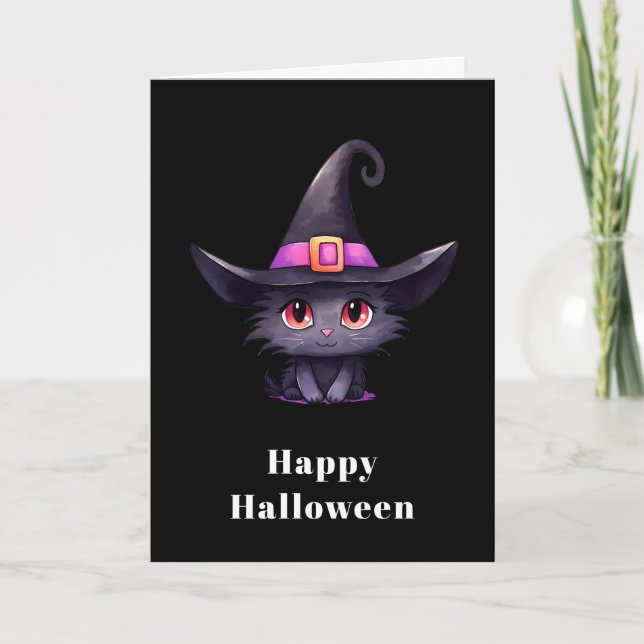 Cute Black Cat Wearing a Witch's Hat Halloween Holiday Card (Front)