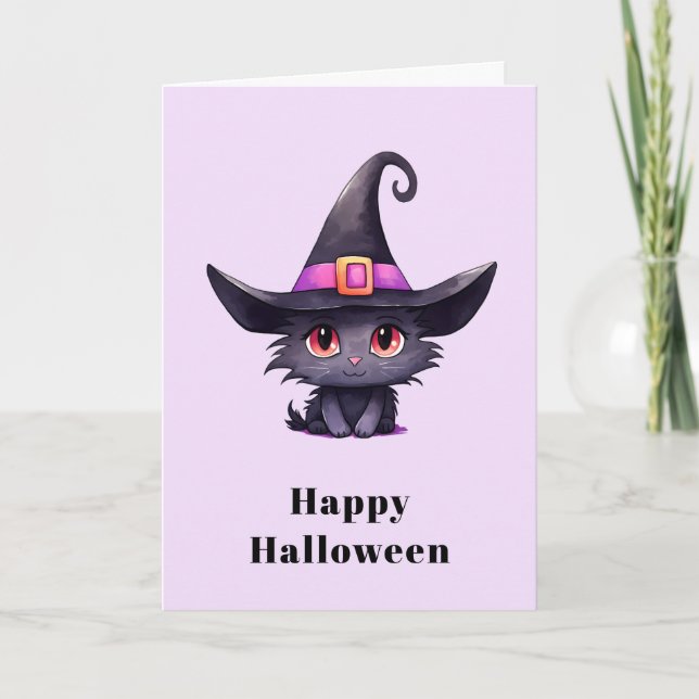 Cute Black Cat Wearing a Witch's Hat Halloween Holiday Card (Front)