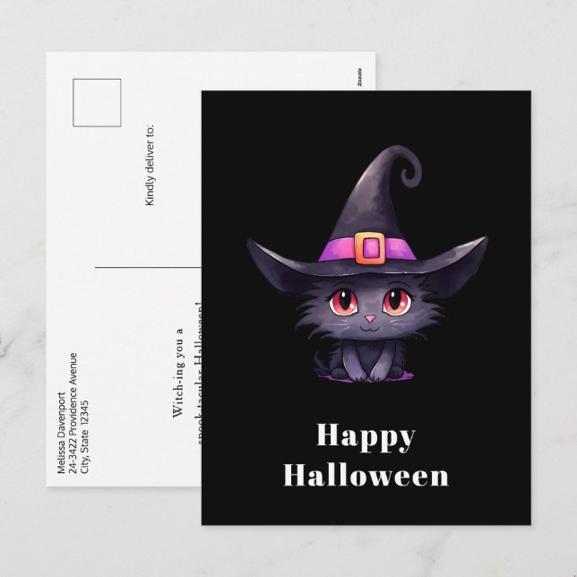 Cute Black Cat Wearing a Witch's Hat Halloween Holiday Postcard (Front/Back)